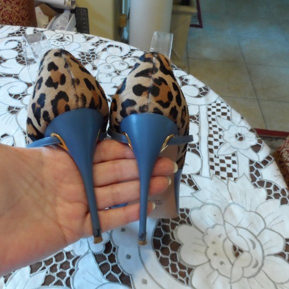 Jennifer Chamandi Light Blue/Leopard "Lorenzo" Two Tone Leather Pumps Si… - Picture 10 of 16